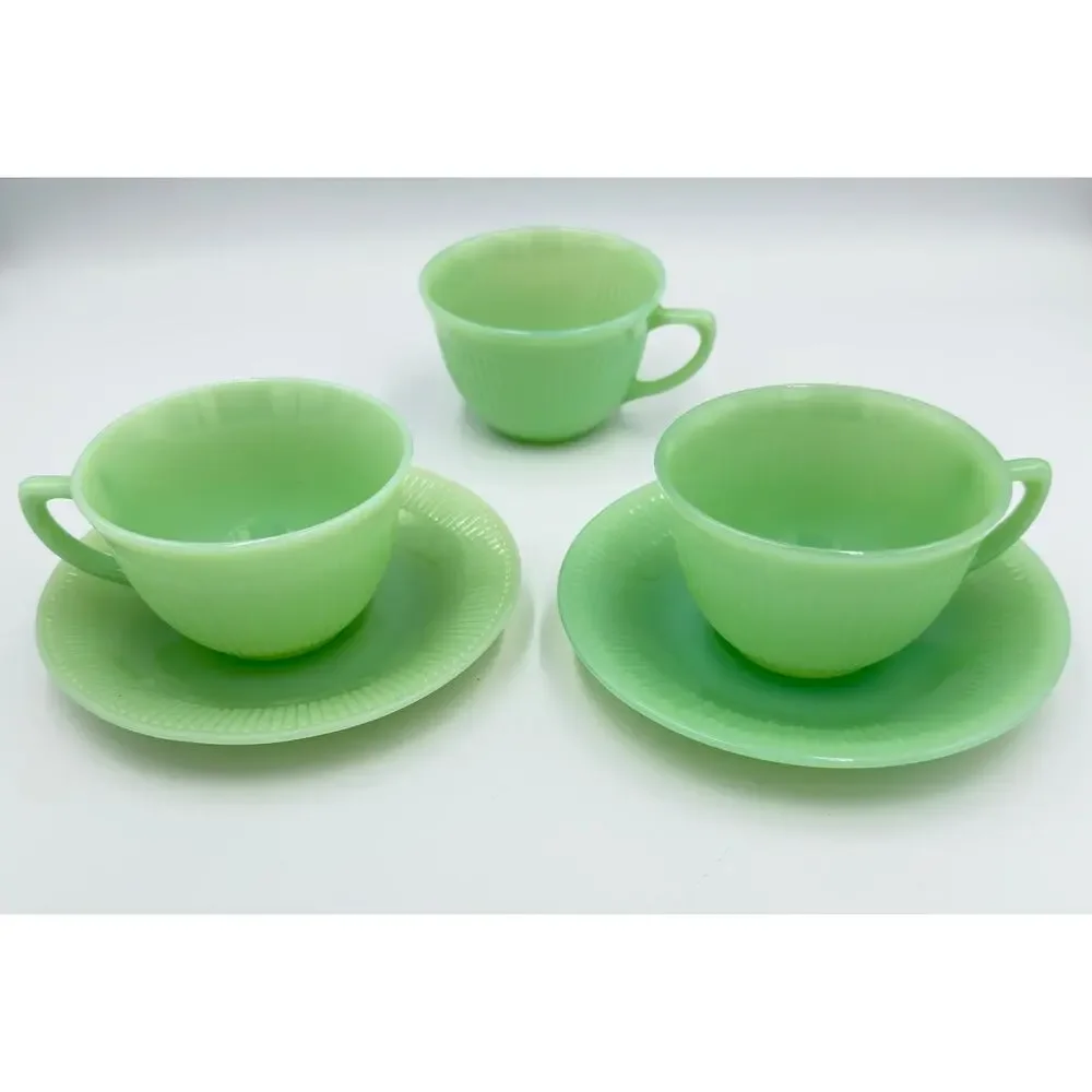 Fire King Coffee Tea Cup & Saucer Jane Ray JadeIte by ANCHOR HOCKING 5pc Set